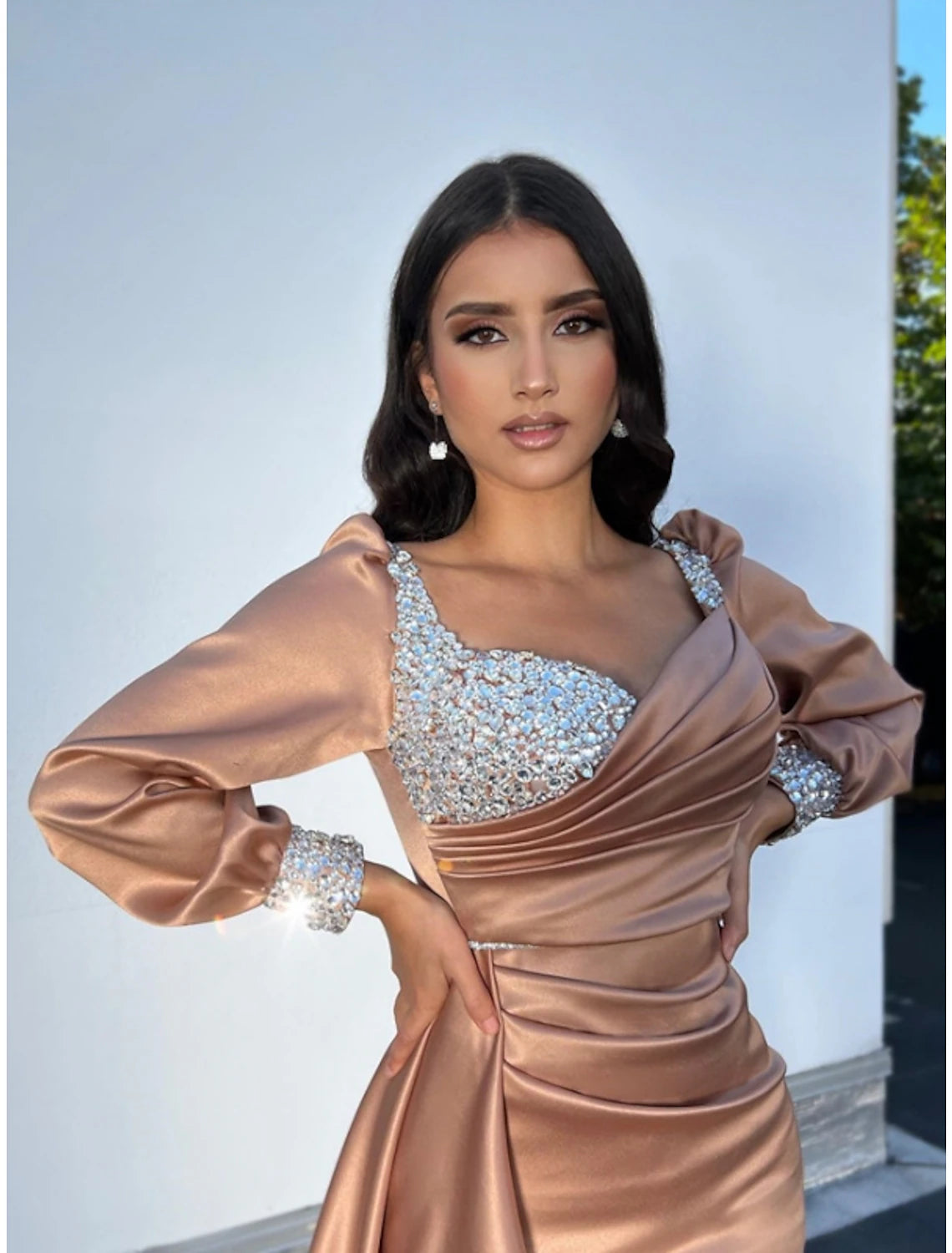 Wholesa A-Line Evening Gown Elegant Dress Formal Fall Court Train Long Sleeve Square Neck Satin with Glitter Ruched