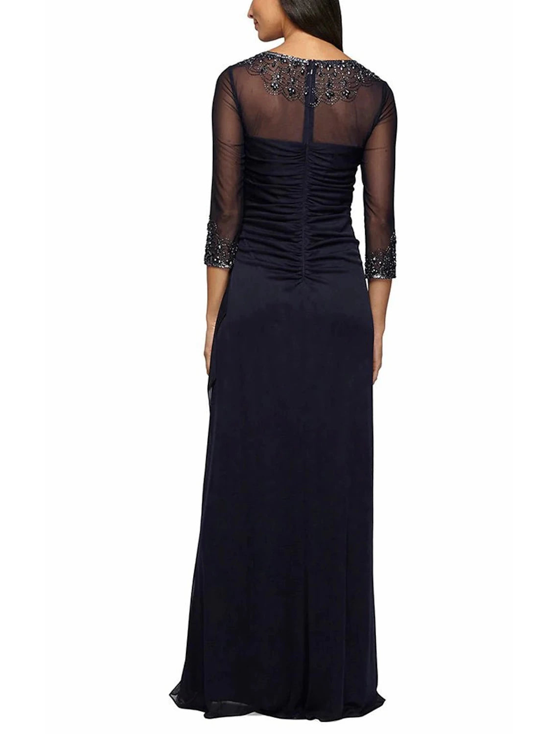 Wholesa A-Line Mother of the Bride Dress Formal Wedding Guest Elegant Jewel Neck Floor Length Chiffon 3/4 Length Sleeve with Beading Ruching