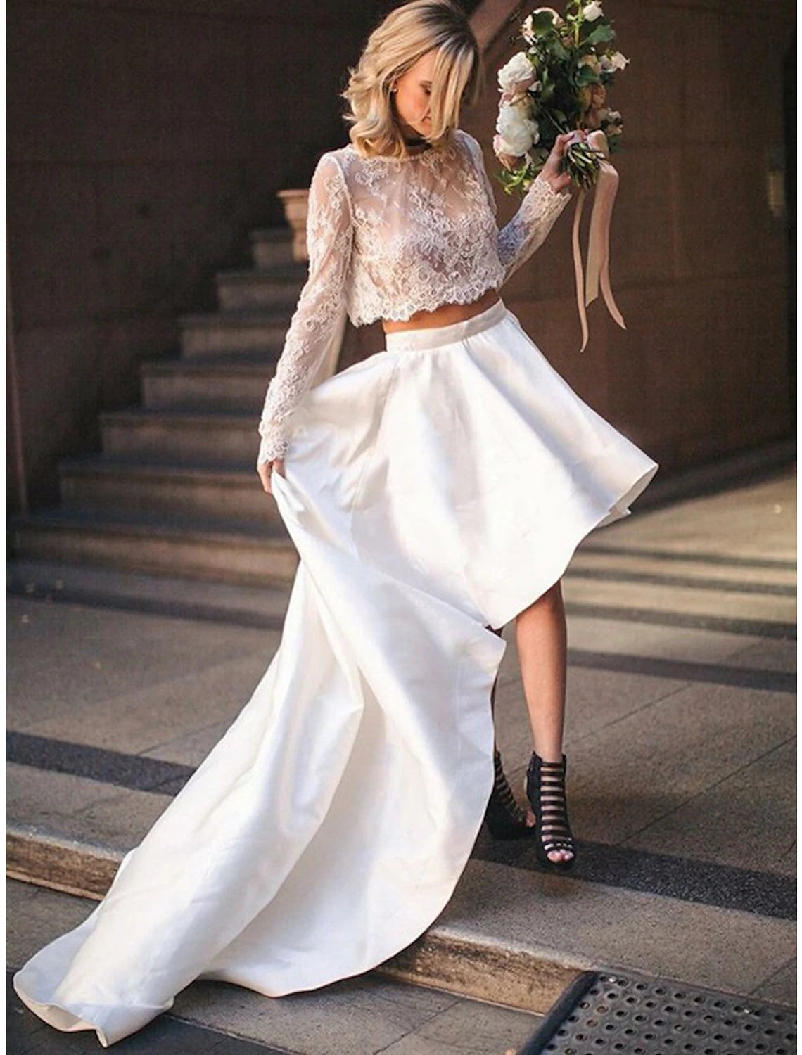 wholesale  Bridal Shower Little White Dresses Fall Wedding Dresses Two Piece Scoop Neck Long Sleeve Asymmetrical Satin Bridal Gowns With Pleats Appliques