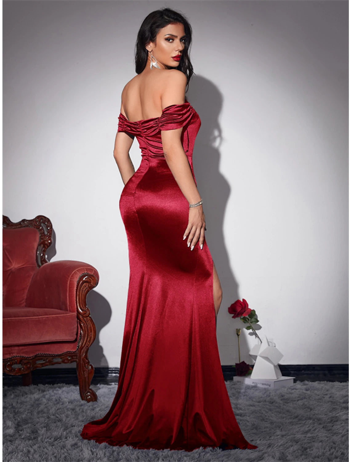 wholesa Mermaid / Trumpet Party Dresses Vintage Dress Wedding Party Summer Sweep / Brush Train Sleeveless Off Shoulder Stretch Satin with Ruched Slit