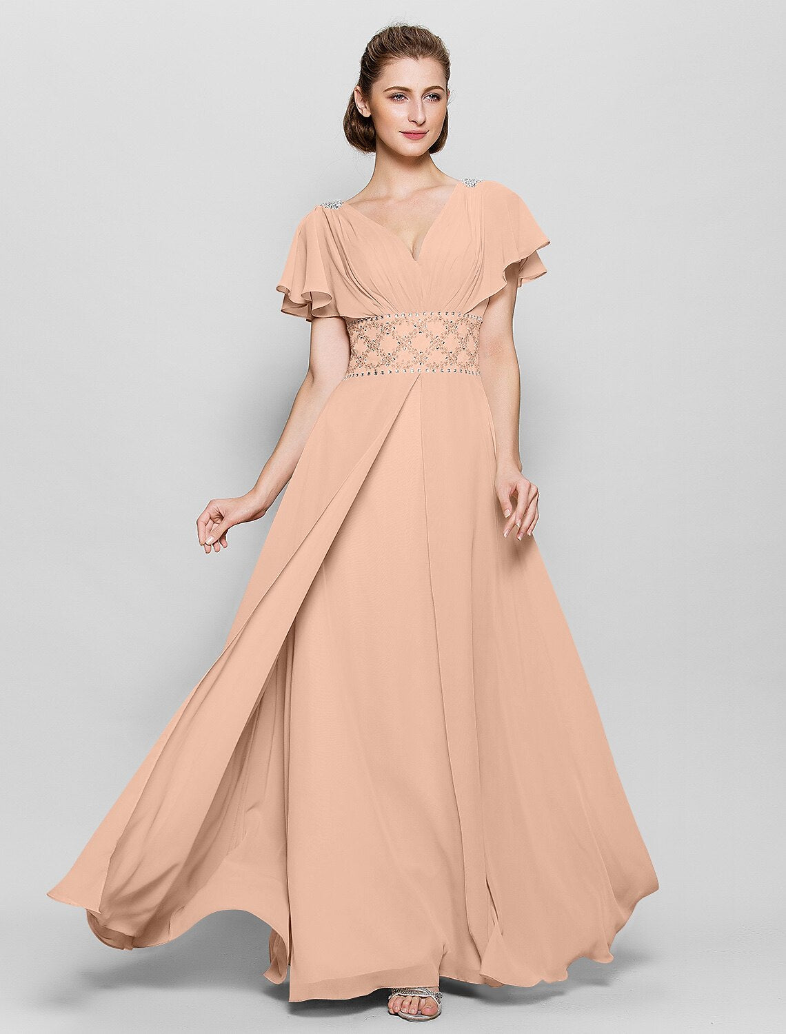 wholesale  A-Line Mother of the Bride Dress Beautiful Back V Neck Floor Length Chiffon Short Sleeve No with Criss Cross Beading