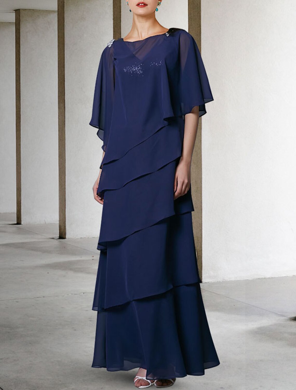 wholesale  A-Line Mother of the Bride Dress Elegant V Neck Floor Length Chiffon Sequined Sleeveless Wrap Included with Sequin Ruffles