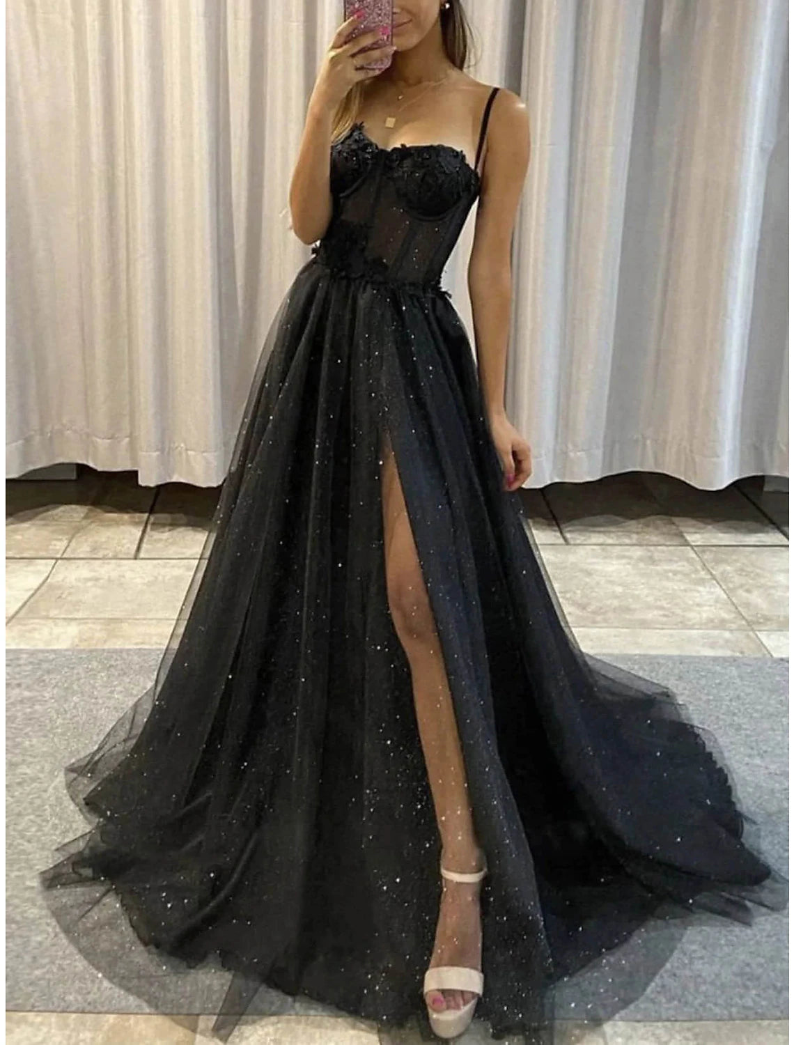Wholesa A-Line Prom Dresses Glitter Black Dress Wedding Dresses Formal Gothic Dress Floor Length Sleeveless Sweetheart Spaghetti Tulle with Slit