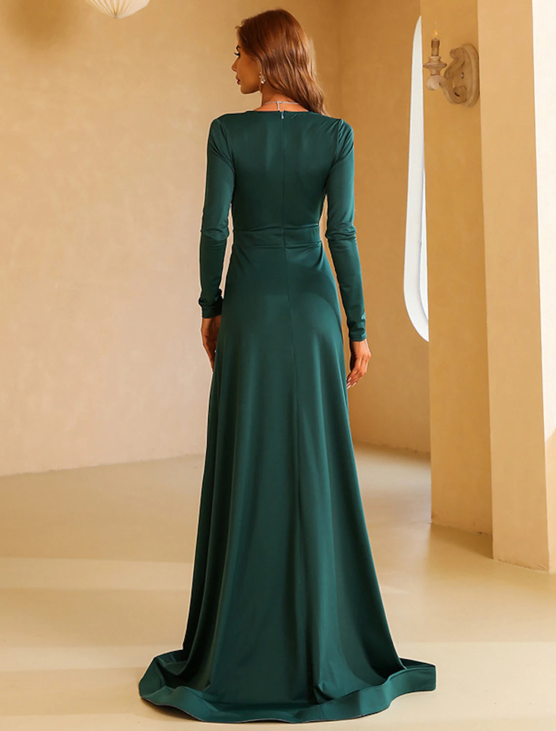 Wholesa  A-Line Evening Gown Vintage Dress Wedding Guest Christmas Red Green Dress Sweep / Brush Train Long Sleeve V Neck Polyester with Slit Pure Color