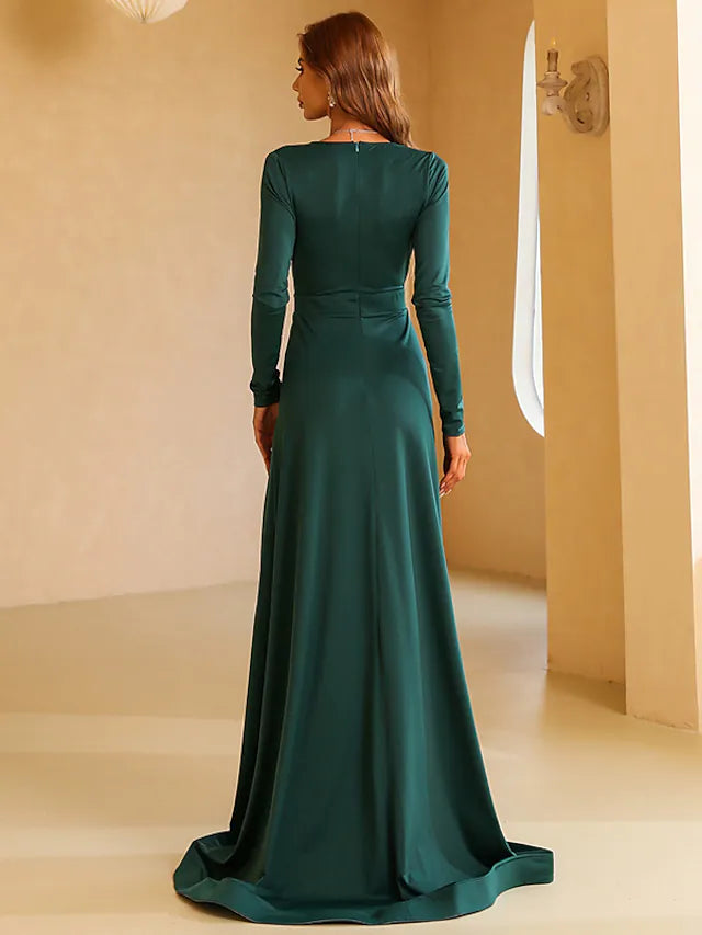 Wholesa A-Line Evening Gown Vintage Dress Engagement Sweep / Brush Train Long Sleeve V Neck Polyester with Slit Pure Color