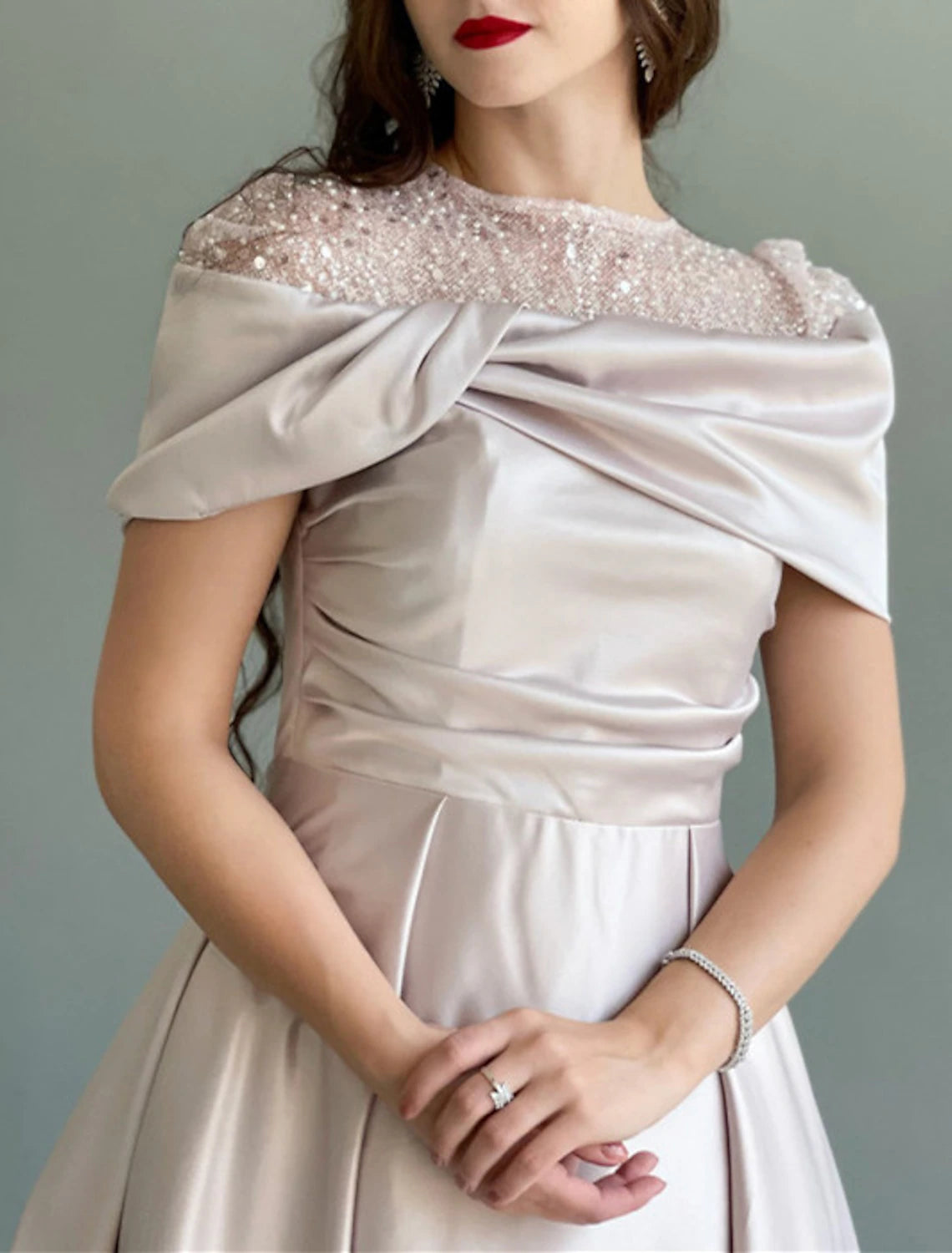 Wholesa A-Line Evening Gown Elegant Dress Wedding Guest Prom Floor Length Sleeveless Jewel Neck Satin with Ruched Pearls Sequin