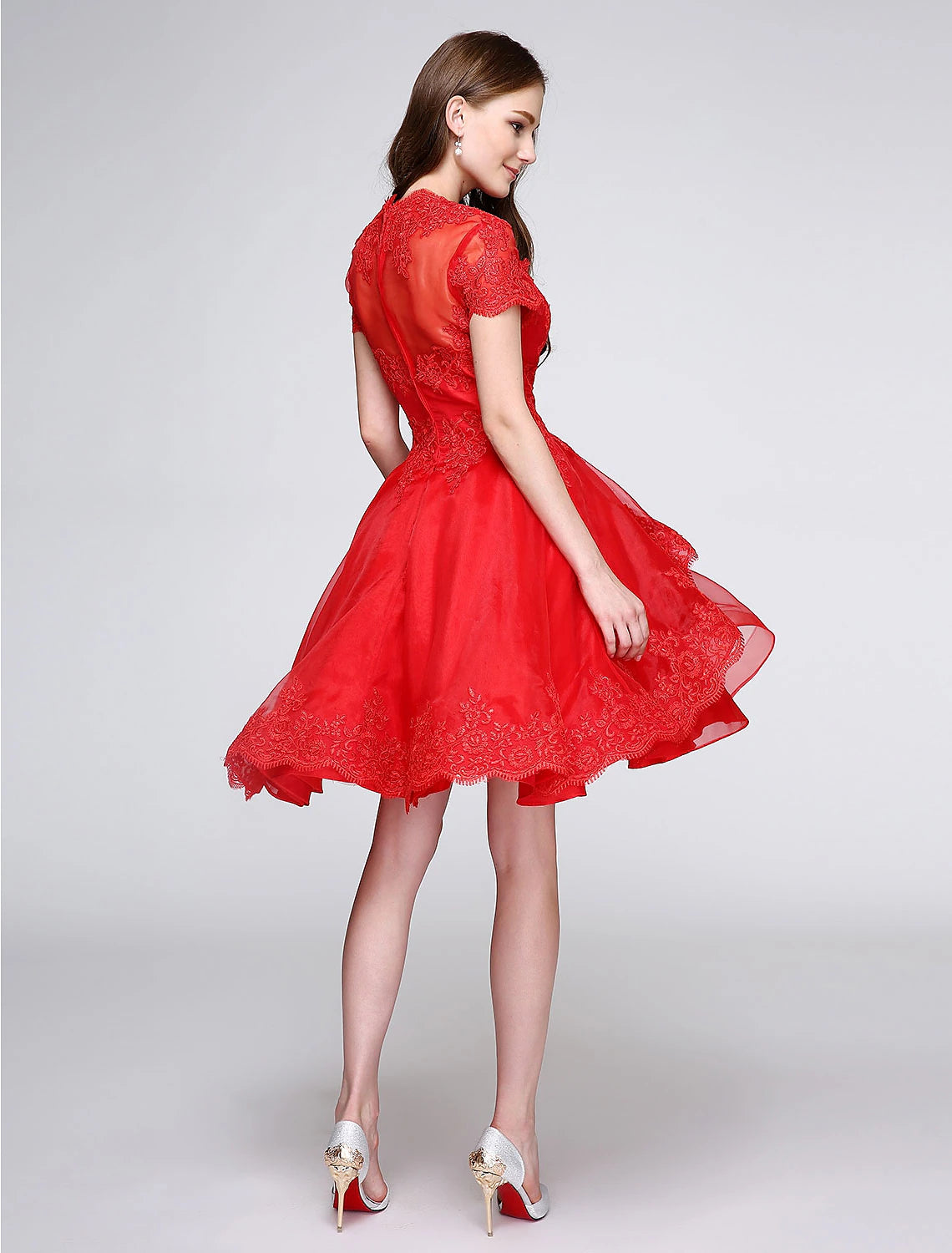 wholesa Ball Gown Cute Dress Cocktail Party Prom Knee Length Short Sleeve Plunging Neck Organza with Buttons Appliques