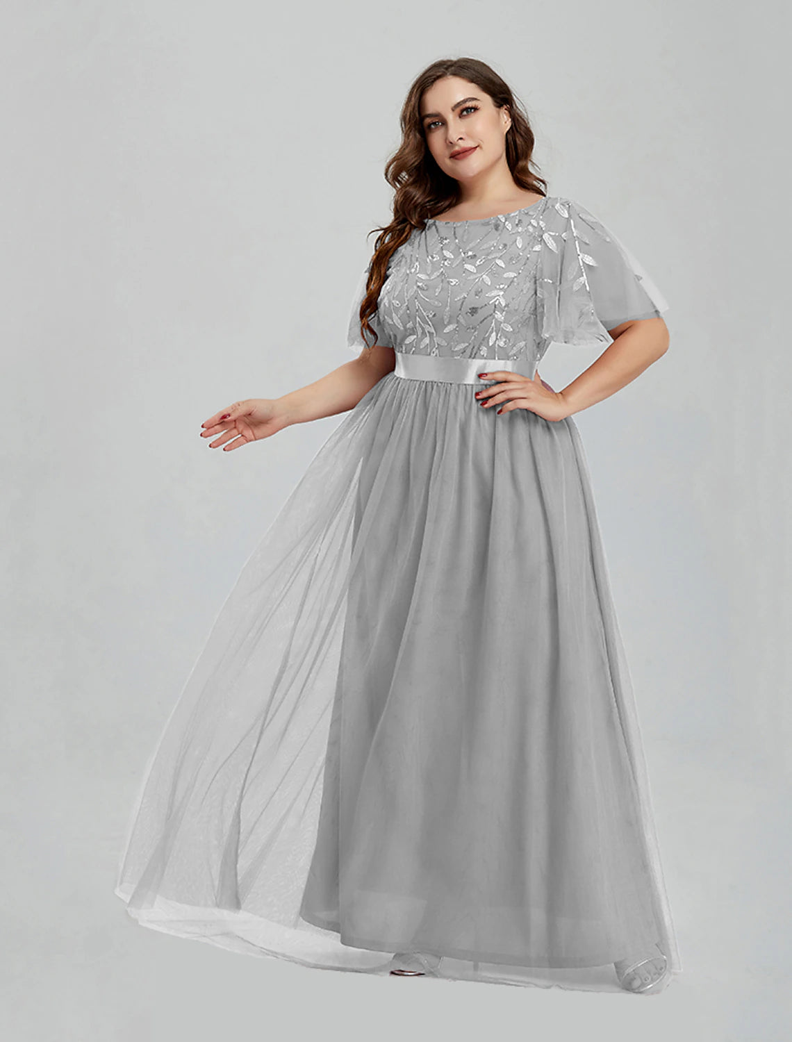 wholesa A-Line Prom Dresses Floral Dress Party Wear Quinceanera Floor Length Short Sleeve Jewel Neck Bridesmaid Dress Tulle with Embroidery Splicing