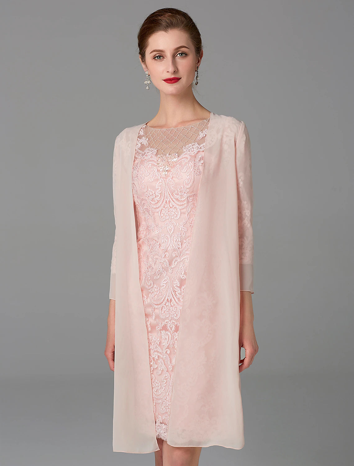 wholesale  Two Piece Sheath / Column Mother of the Bride Dress Church Sparkle & Shine Jewel Neck Knee Length Chiffon Lace 3/4 Length Sleeve Jacket Dresses with Beading Appliques