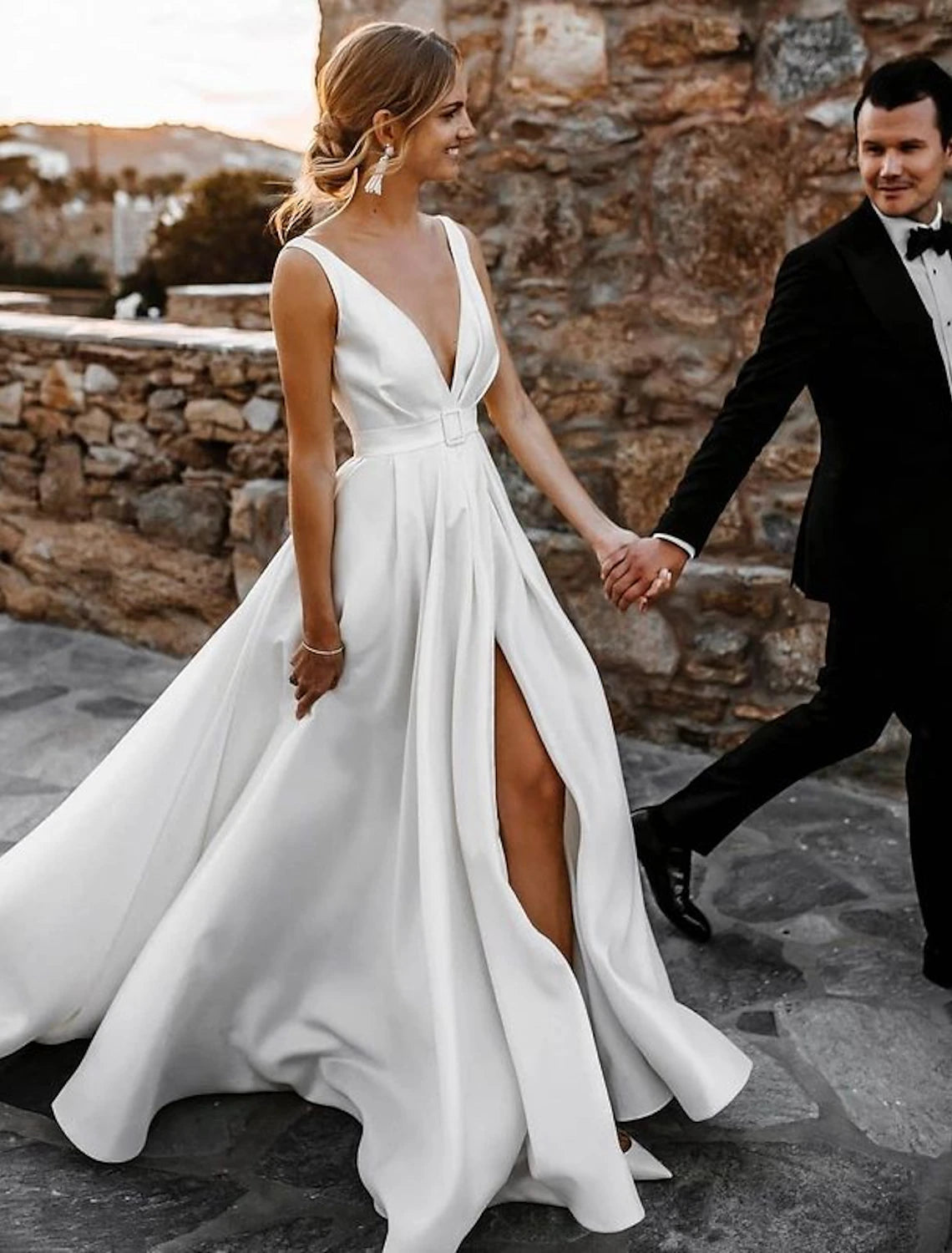 wholesale   Beach Casual Wedding Dresses A-Line V Neck Sleeveless Court Train Satin Bridal Gowns With Sashes / Ribbons Sash / Ribbon