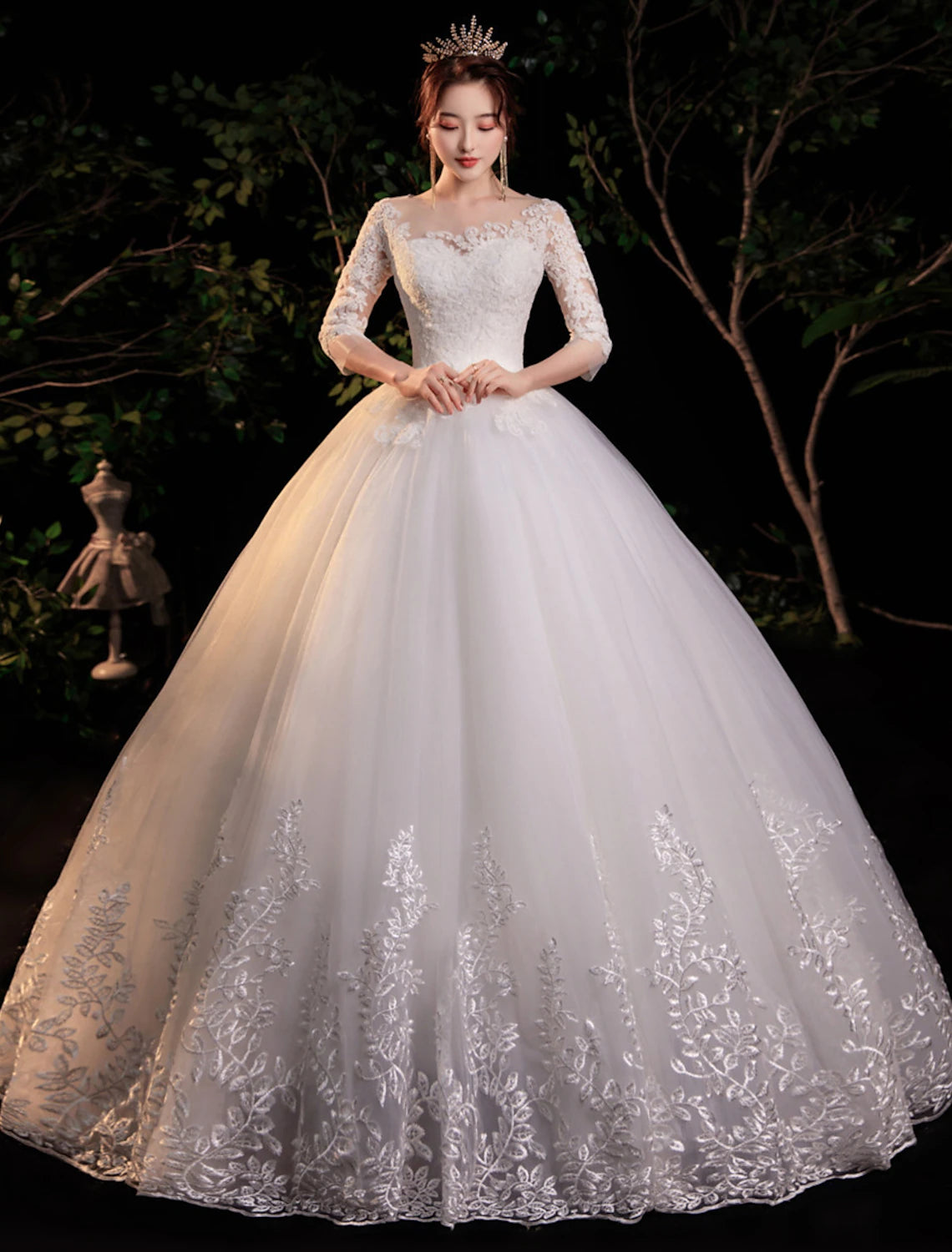 wholesale  Reception Formal Wedding Dresses Ball Gown Illusion Neck Half Sleeve Floor Length Lace Bridal Gowns With Appliques