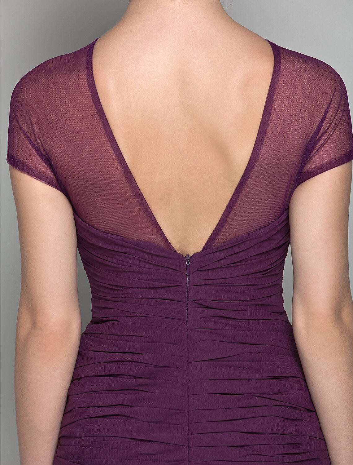 wholesale   Sheath / Column Mother of the Bride Dress See Through Jewel Neck Sweep / Brush Train Chiffon Tulle Short Sleeve with Beading Side Draping