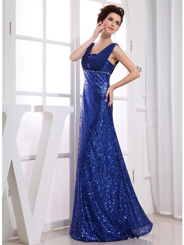 Wholesa Sheath / Column Sparkle Wedding Guest Engagement Formal Evening Dress V Neck Sleeveless Floor Length Chiffon with Beading