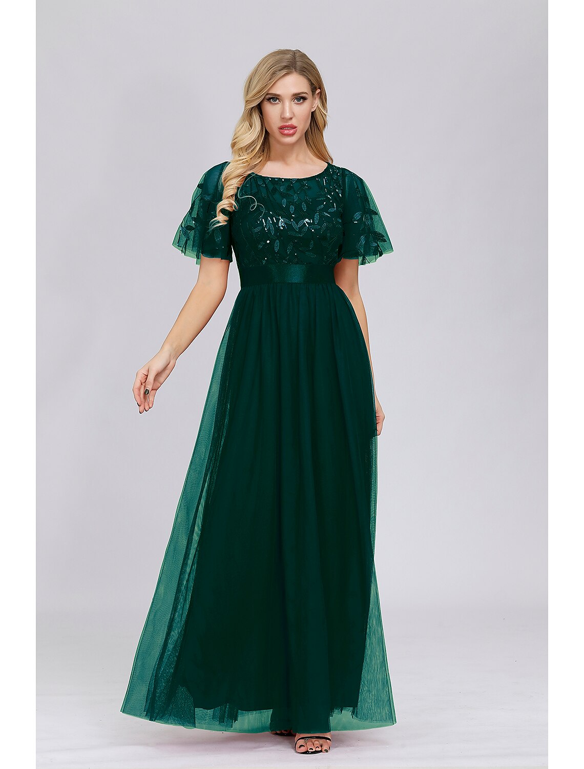 wholesa A-Line Empire Elegant Party Wear Prom Dress Jewel Neck Short Sleeve Floor Length Tulle with Embroidery / Illusion Sleeve