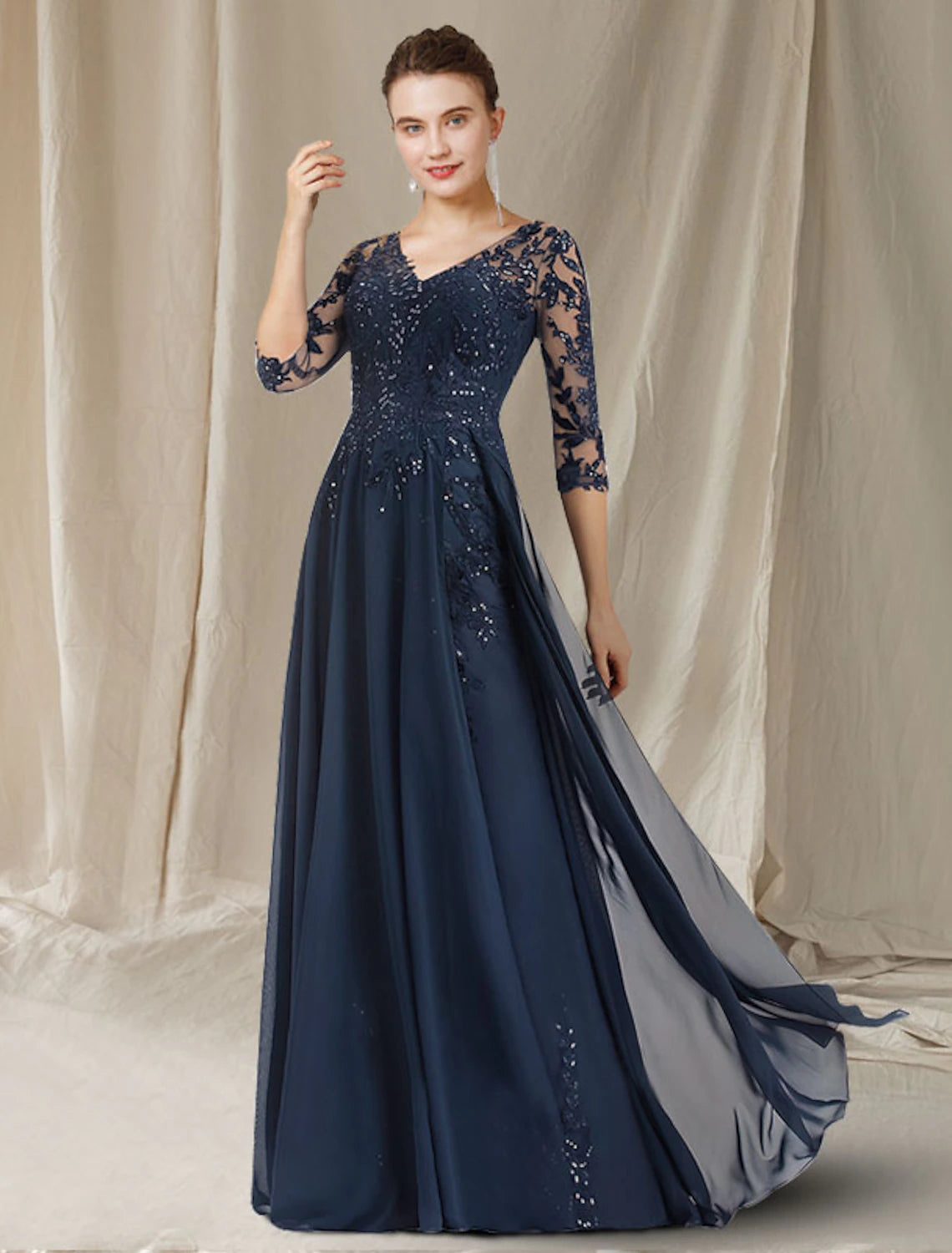 wholesale  A-Line Mother of the Bride Dress Elegant V Neck Floor Length Chiffon Lace Sequined Half Sleeve with Sequin Appliques