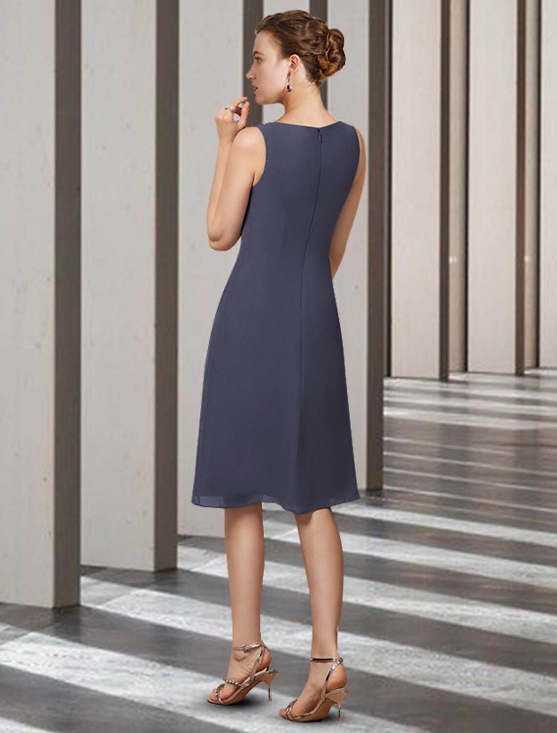 wholesale  Two Piece Sheath / Column Mother of the Bride Dress Elegant Jewel Neck Knee Length Chiffon Sleeveless with Beading