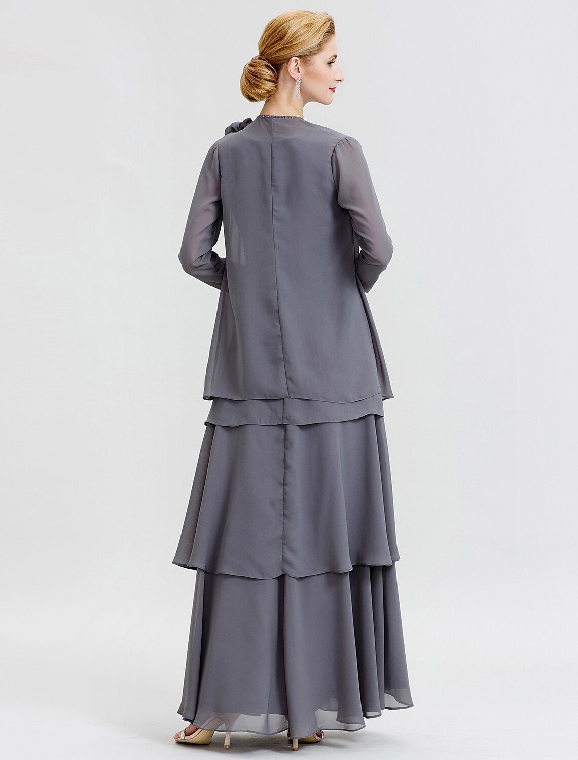 wholesale   A-Line Mother of the Bride Dress Formal Floral Convertible Dress Scoop Neck Floor Length Chiffon Long Sleeve Wrap Included with Beading Flower Tiered