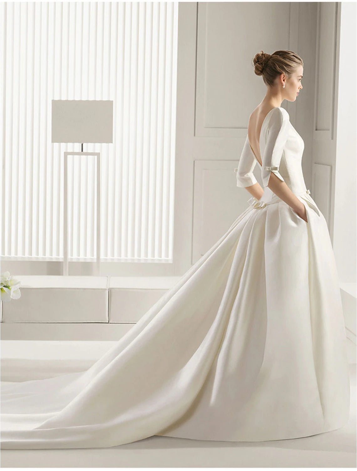 wholesale  Engagement Formal Fall Wedding Dresses A-Line Scoop Neck Half Sleeve Court Train Satin Bridal Gowns With Bow(s) Pleats