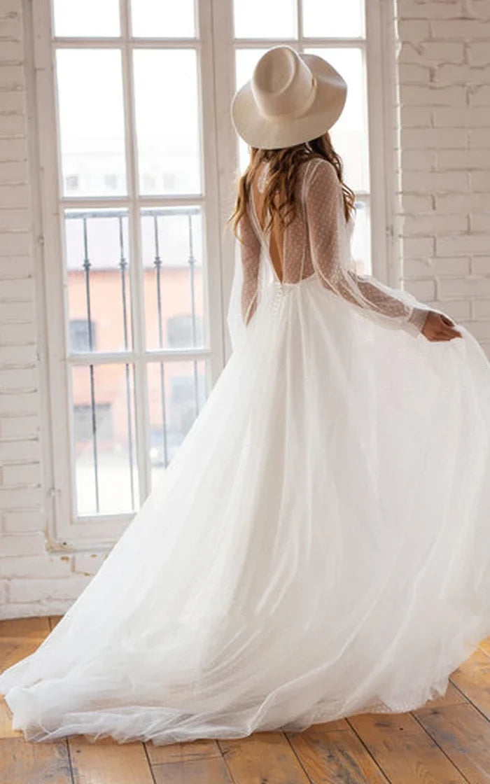 Wholesa A Line Chiffon Bateau Long Sleeve Wedding Dress with Beading
