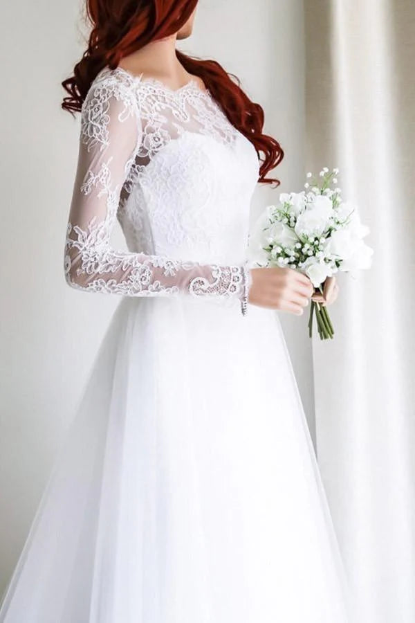 Wholesa A-line Elegant Long Sleeves White Lace Bridal Gowns Wedding Dress