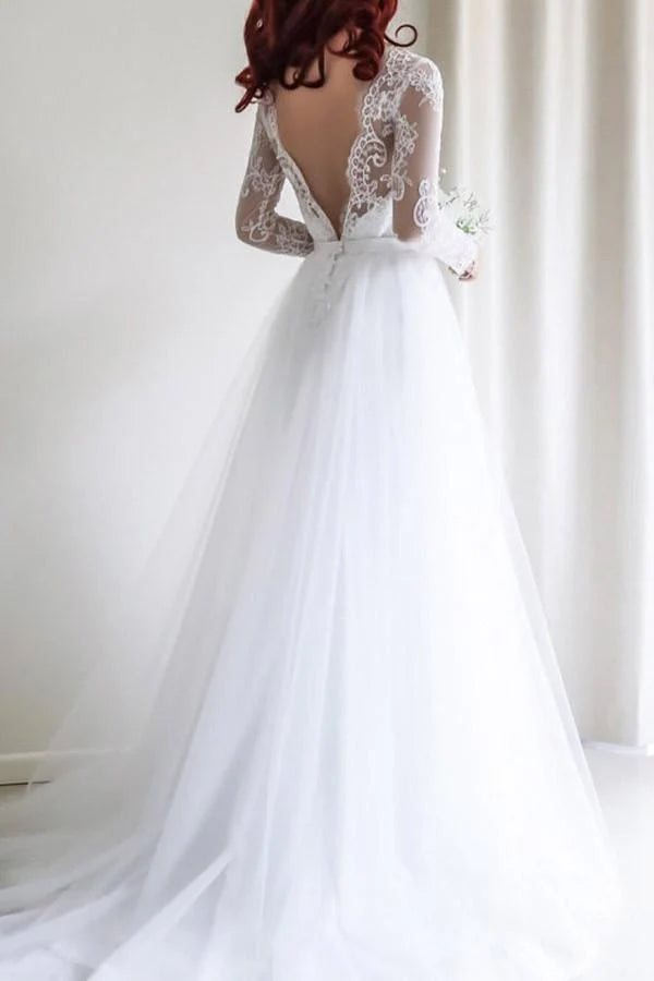 Wholesa A-line Elegant Long Sleeves White Lace Bridal Gowns Wedding Dress