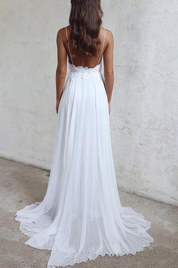 Wholesa A-line Elegant Straps White Long Chiffon Beach Wedding Dress
