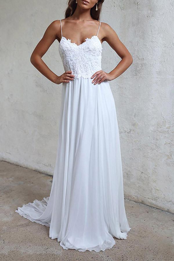 Wholesa A-line Elegant Straps White Long Chiffon Beach Wedding Dress