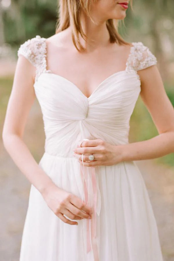 Wholesa A-line Sweetheart Elegant Cap Sleeve Long Chiffon Wedding Dress