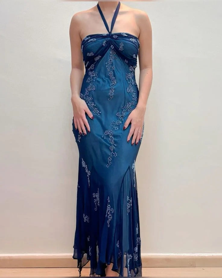 Elegant Fitted Halter Strapless Sleeveless Open Back Mermaid Prom Dress