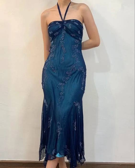 Elegant Fitted Halter Strapless Sleeveless Open Back Mermaid Prom Dress
