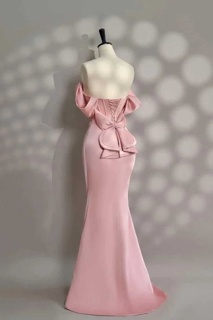 Elegant Fitted Off-shoulder Short Sleeve Bow-back Mermaid Prom Dress