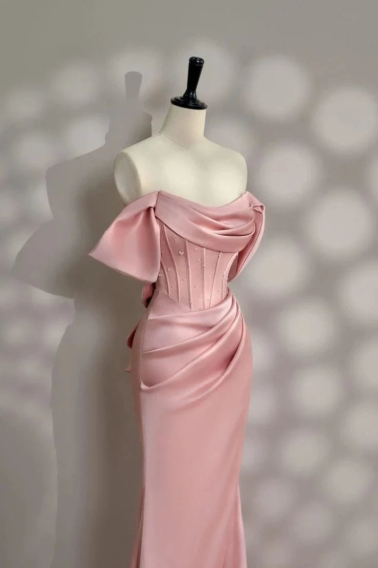 Elegant Fitted Off-shoulder Short Sleeve Bow-back Mermaid Prom Dress