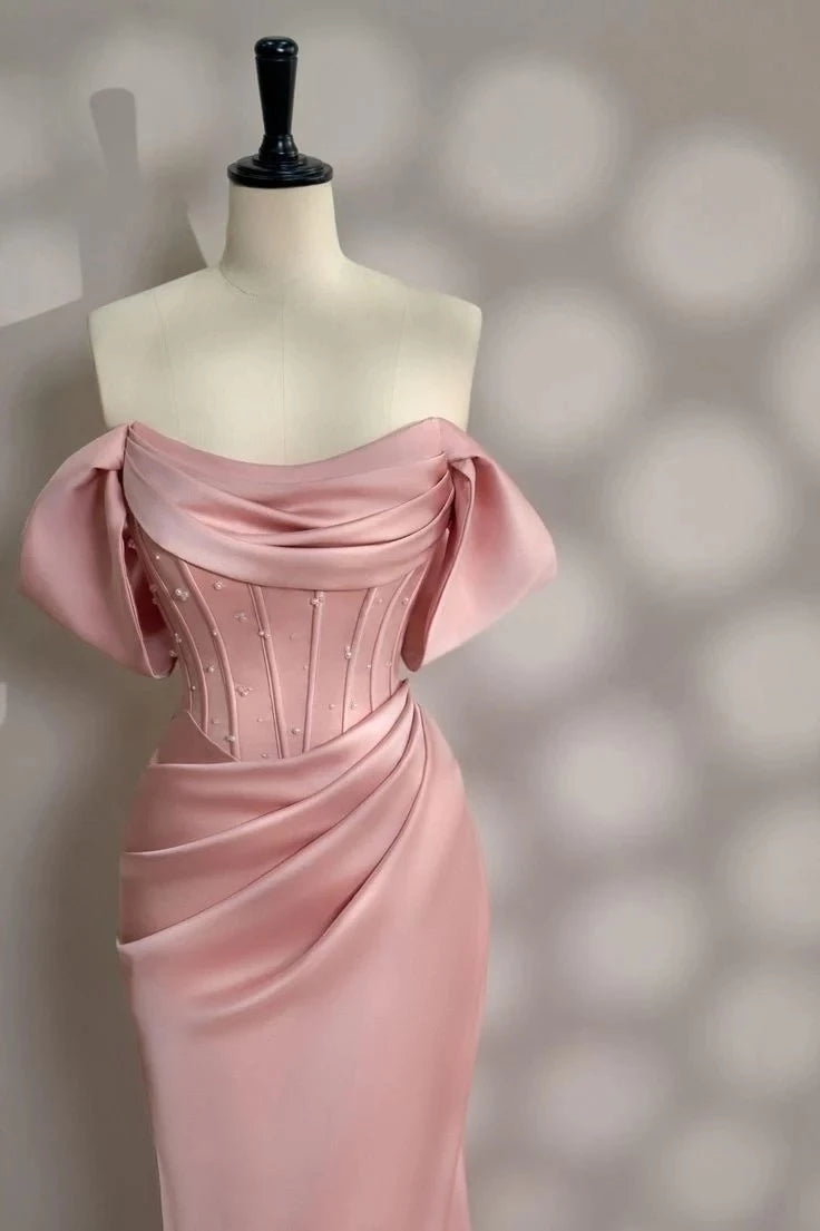 Elegant Fitted Off-shoulder Short Sleeve Bow-back Mermaid Prom Dress