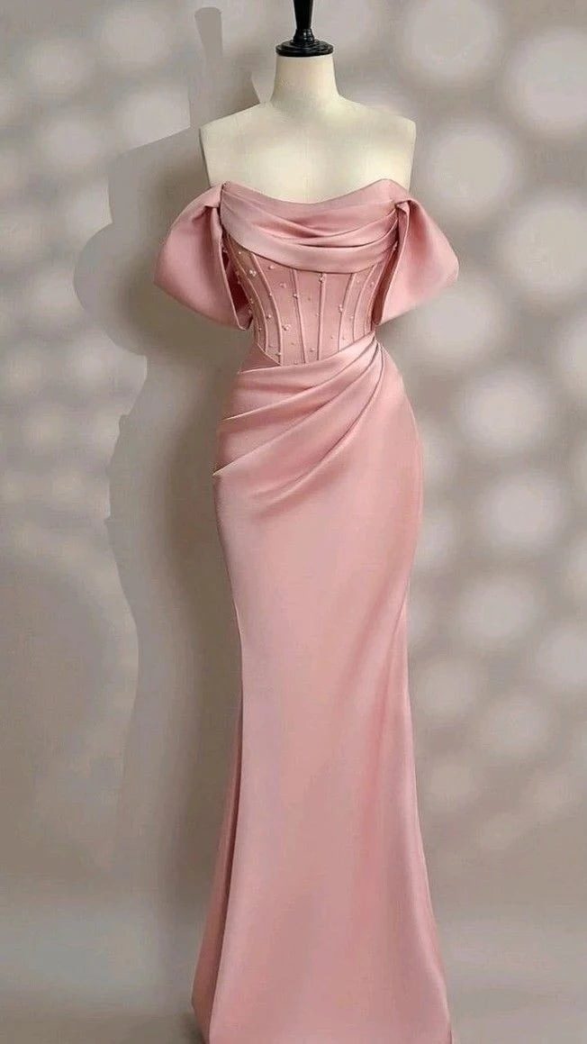 Elegant Fitted Off-shoulder Short Sleeve Bow-back Mermaid Prom Dress