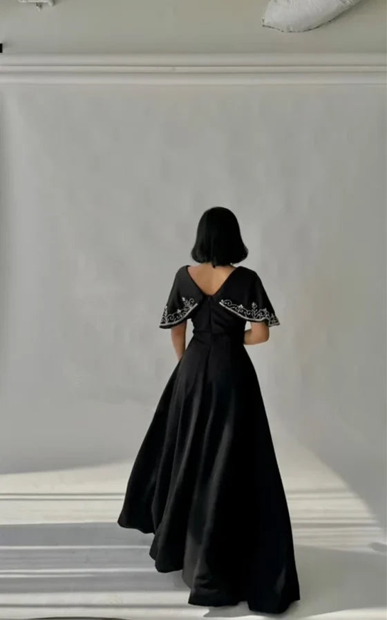 Elegant Fitted V-neck Capelet Sleeve A-line Midi Prom Dress