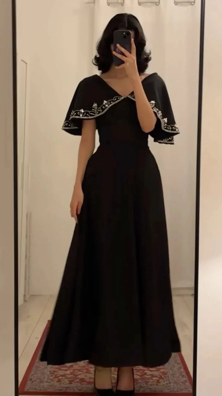 Elegant Fitted V-neck Capelet Sleeve A-line Midi Prom Dress