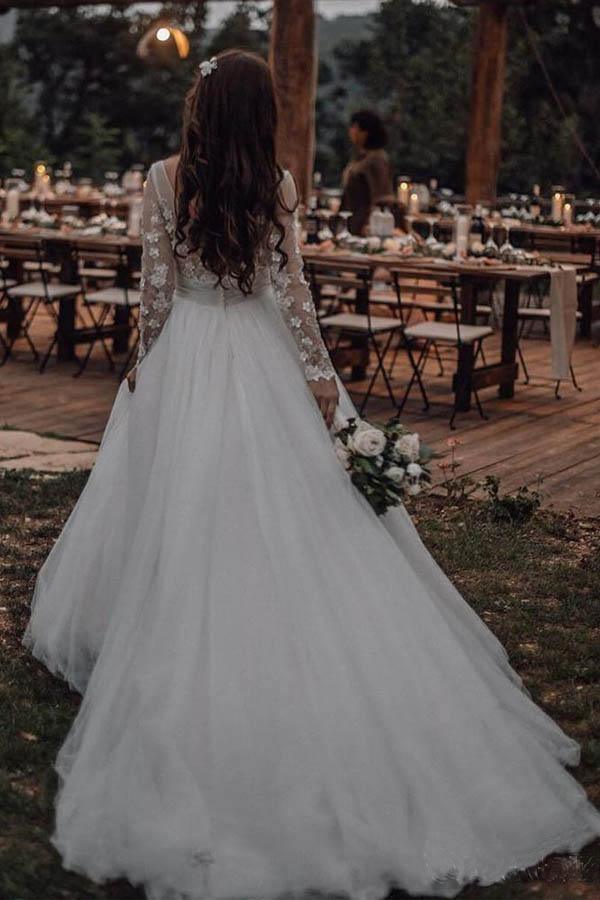 Wholesa A-line Elegant Long Sleeves Tulle Wedding Dresses Bridal Gowns With Lace Applique