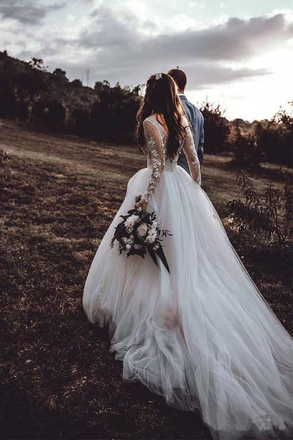 Wholesa A-line Elegant Long Sleeves Tulle Wedding Dresses Bridal Gowns With Lace Applique
