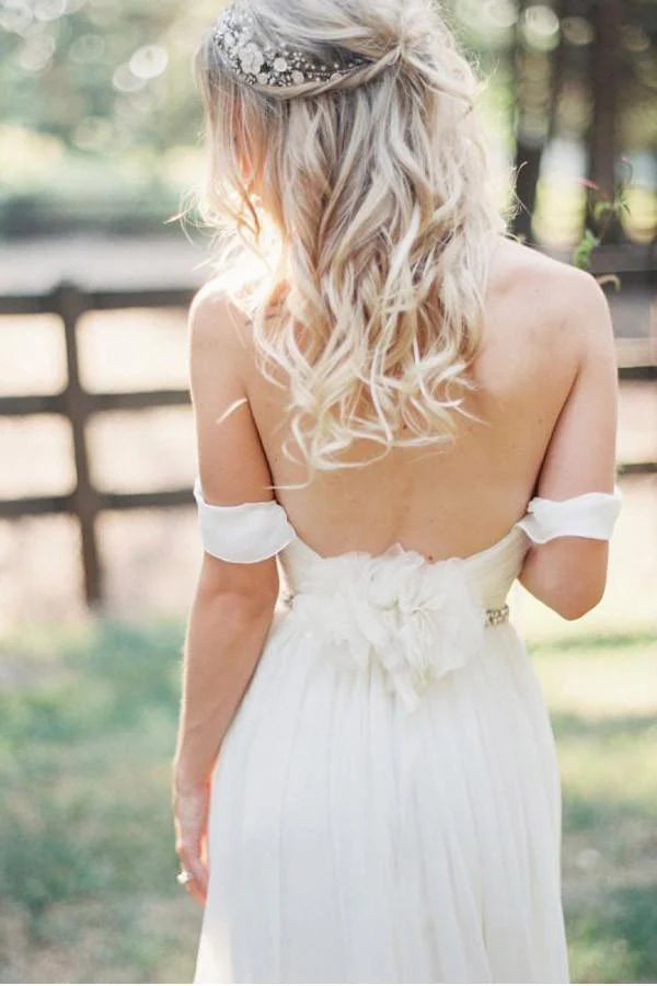 Wholesa A-line Elegant Off-shoulder Beading Sash Long Chiffon Wedding Dress