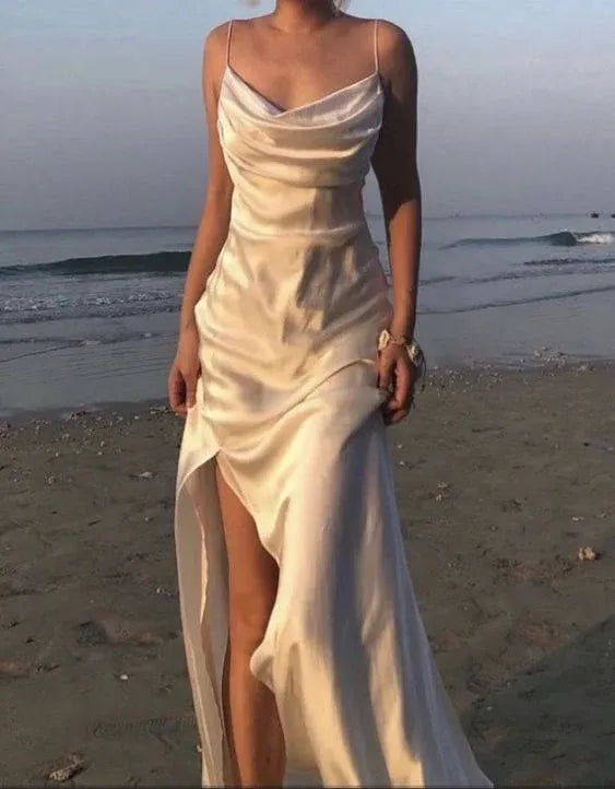 Elegant Spaghetti‑Strap Ivory Satin Cowl‑Neck Mermaid Prom Dress
