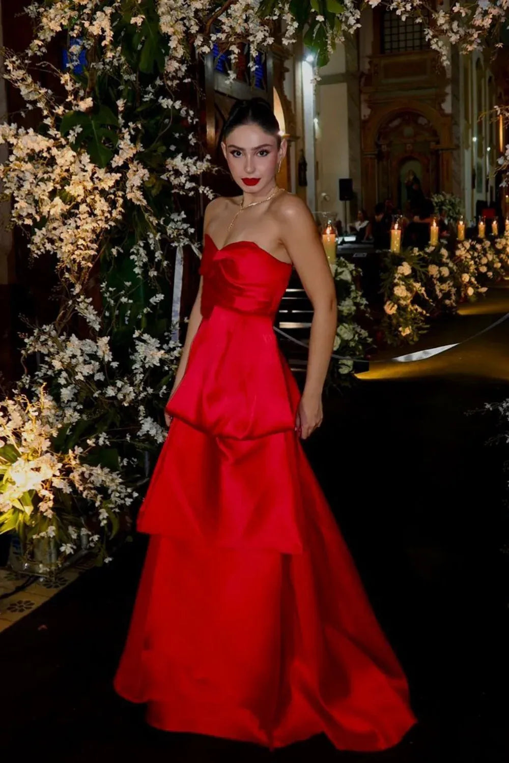 Elegant Strapless Tiered Satin Red Ball Gown Prom Dress