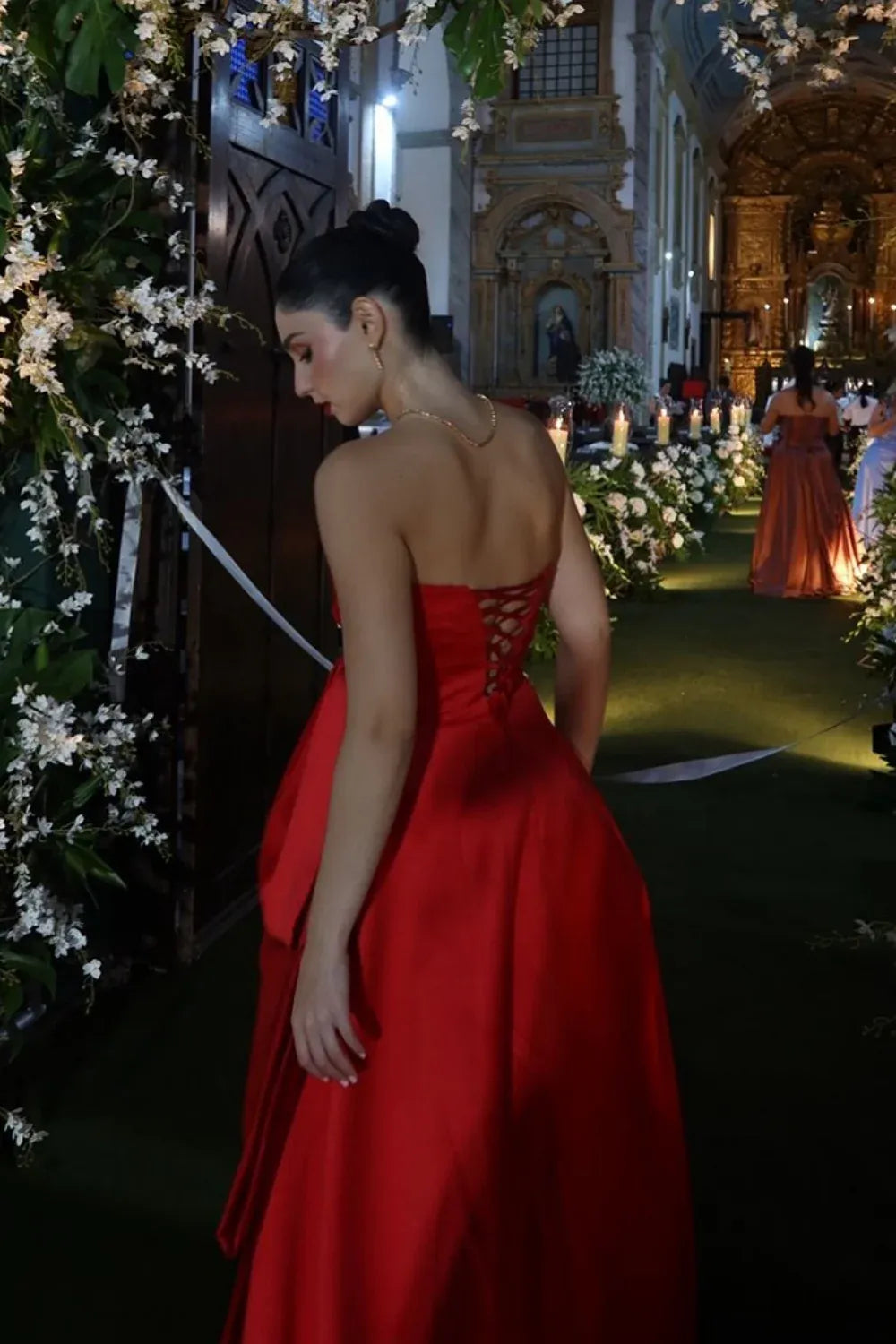 Elegant Strapless Tiered Satin Red Ball Gown Prom Dress