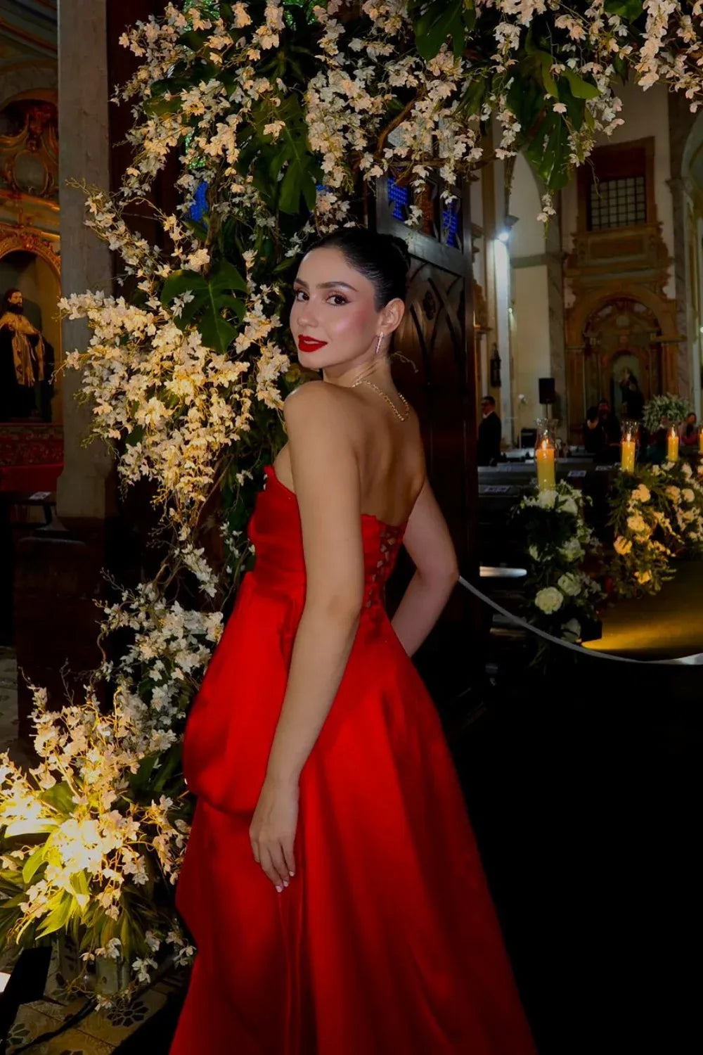 Elegant Strapless Tiered Satin Red Ball Gown Prom Dress