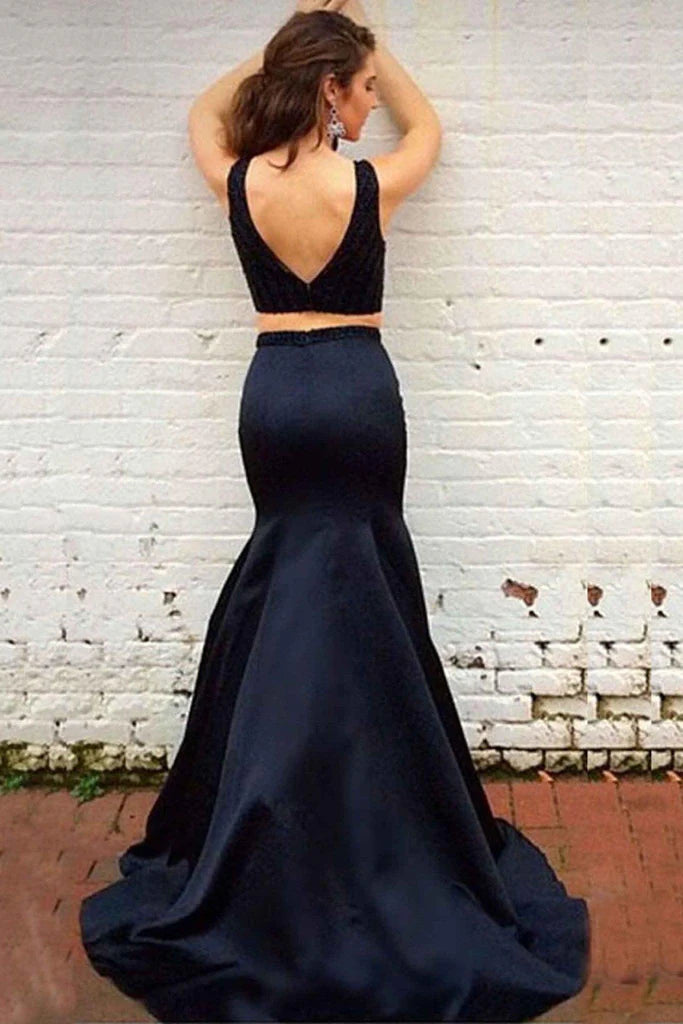 Wholesa Two Piece Mermaid Elegant Black Sweep Train formal dresses Prom Dress with Beading