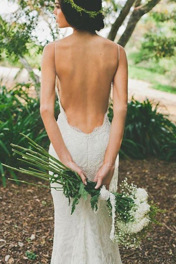 Wholesa Mermaid Elegant V-neck Backless White Wedding Dress with Sweep Train