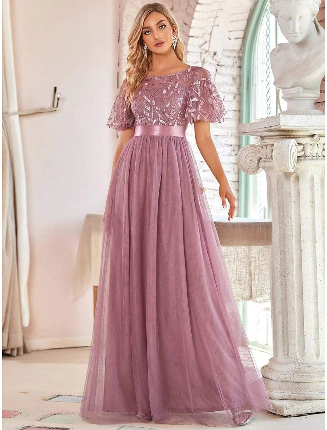 wholesa A-Line Empire Elegant Party Wear Prom Dress Jewel Neck Short Sleeve Floor Length Tulle with Embroidery / Illusion Sleeve