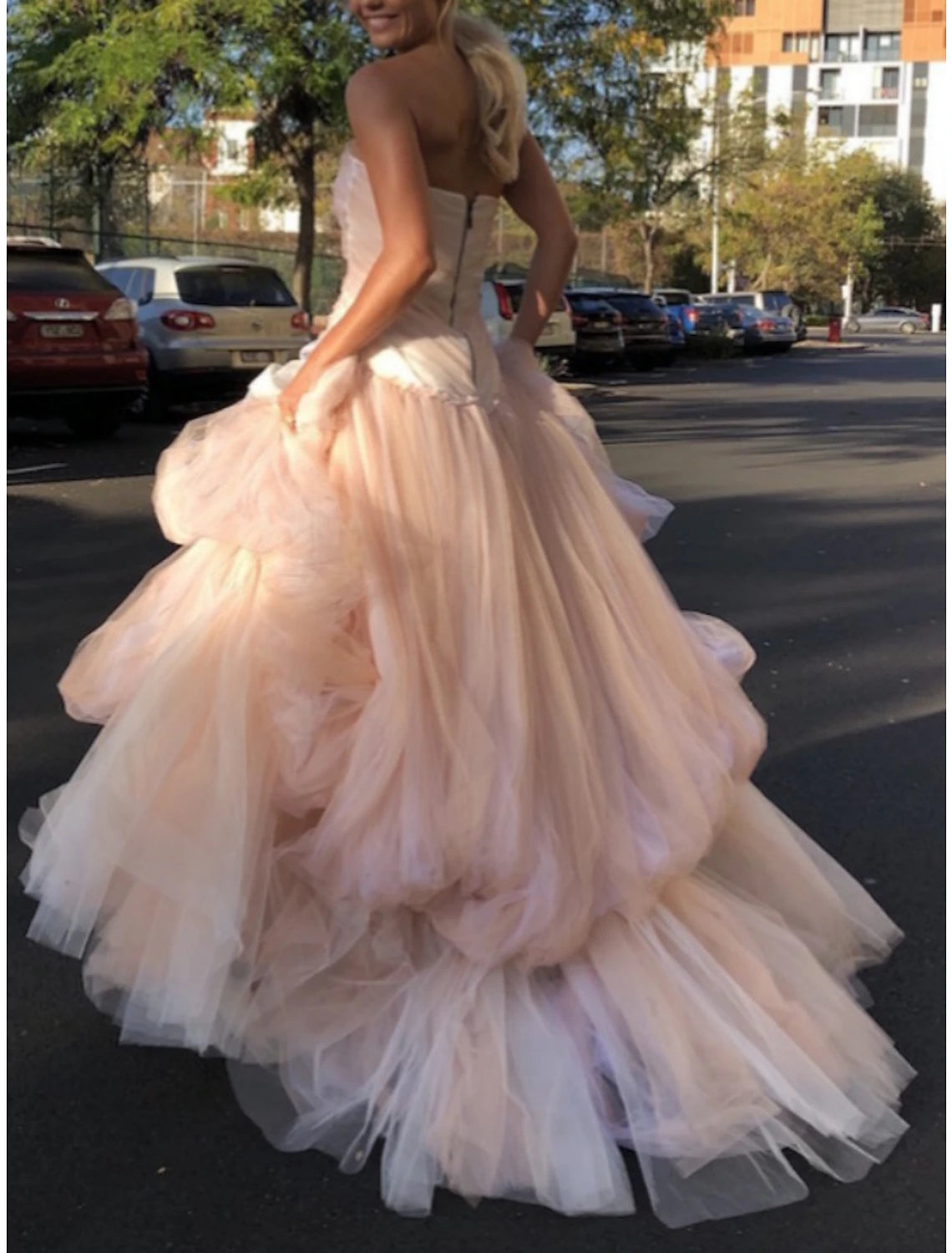 Wholesa  A-Line Evening Gown Elegant Dress Formal Court Train Sleeveless Strapless Tulle with Pleats Ruched