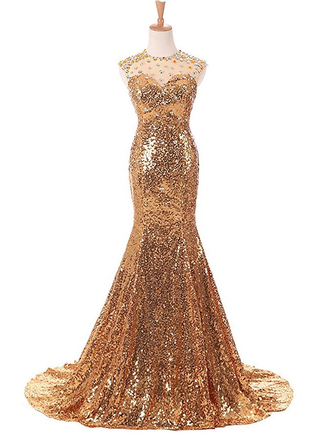 Wholesa Mermaid / Trumpet Prom Dresses Sparkle Dress Prom Court Train Sleeveless Jewel Neck Sequined with Beading