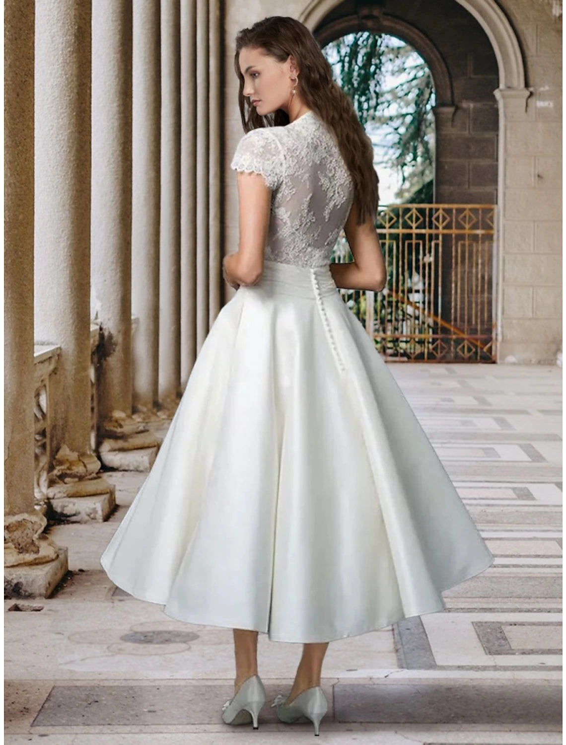 Wholesa  Little White Dresses Wedding Dresses A-Line V Neck Short Sleeve Tea Length Satin Bridal Gowns With Pleats Solid Color