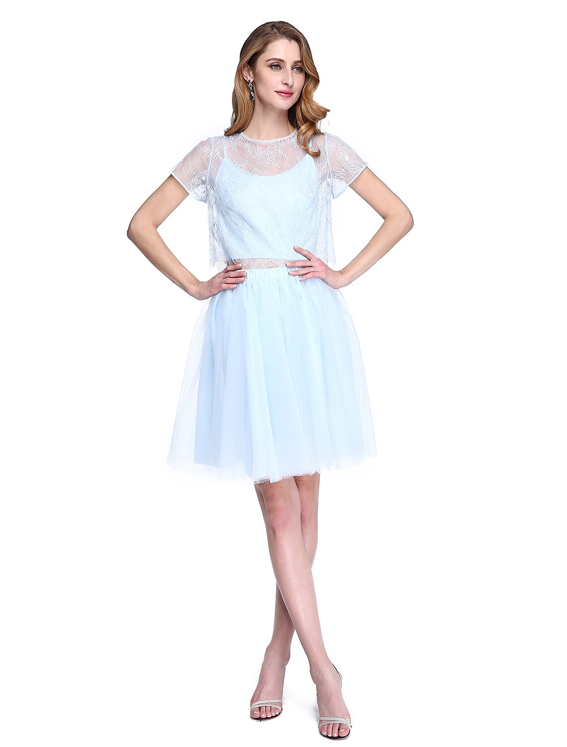 wholesale  A-Line Mother of the Bride Dress Two Piece Jewel Neck Knee Length Lace Tulle Short Sleeve No with Lace